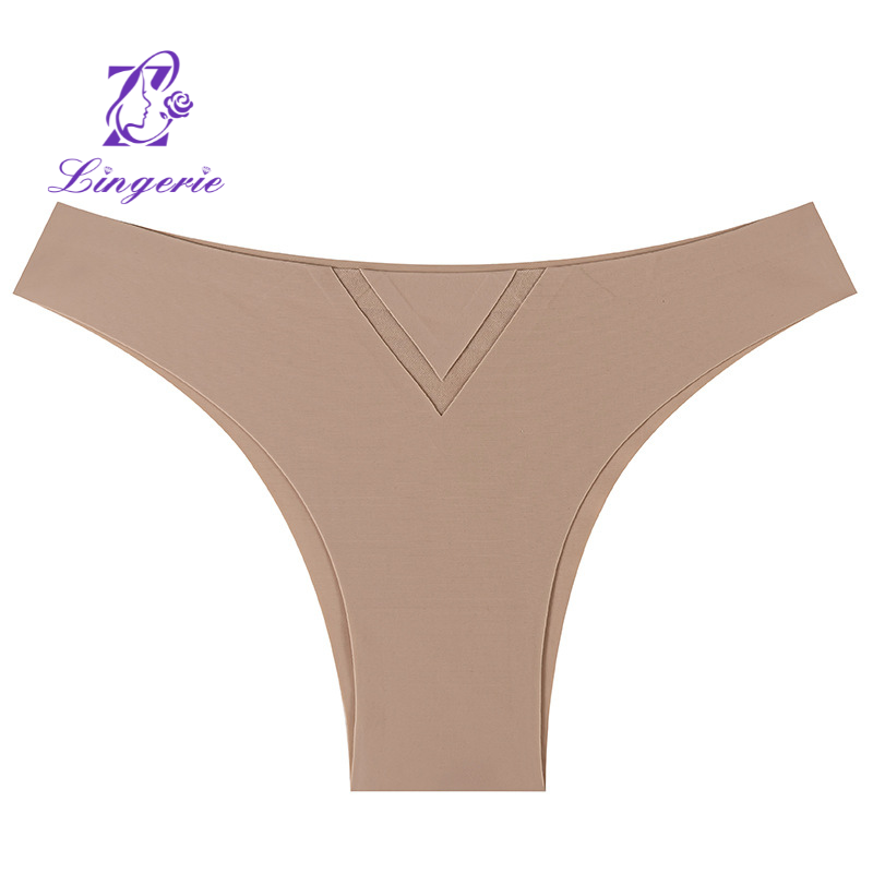 Traceless women's panties solid color Japanese triangle hollow mesh sexy one-piece ice silk panties