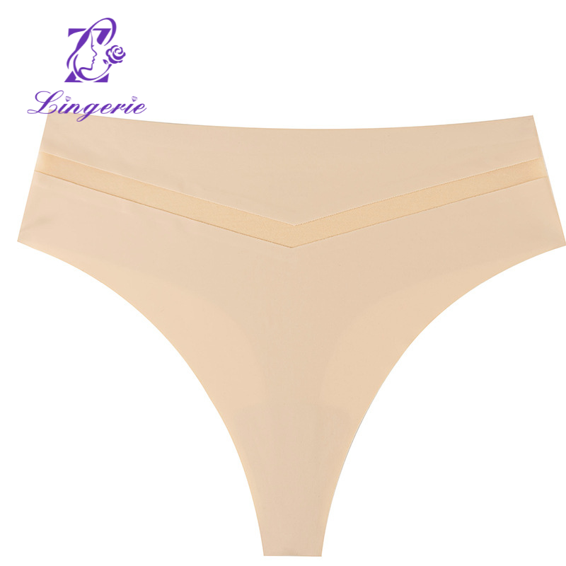 Thong Mid Waist Seamless One Piece Ice Silk Panties Women's Sensual V Mesh Yoga Sports T Pants