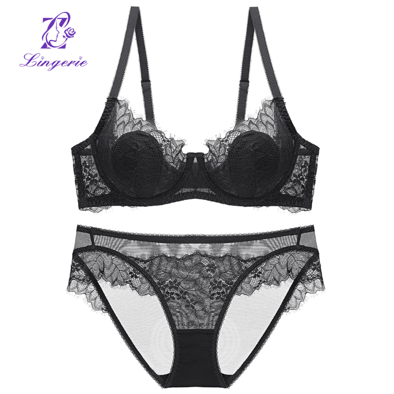 Hot Sale Women's Sexy Lace Print Underwear Set Push-up Adjustable Bra and Hollowed Lace Bikini Panty Female Lingerie Set