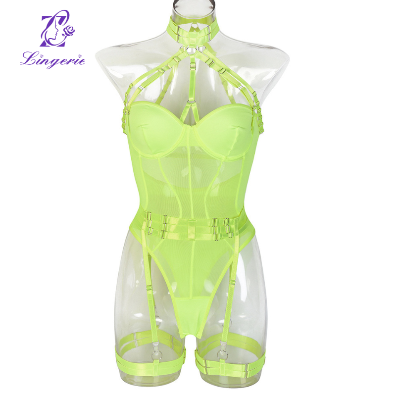Mesh Strap Splicing Intricate Heavy Crafted Hanging Neck with Leg Loops Erotic Bodysuit