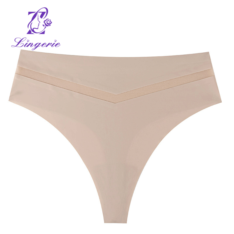 Thong Mid Waist Seamless One Piece Ice Silk Panties Women's Sensual V Mesh Yoga Sports T Pants