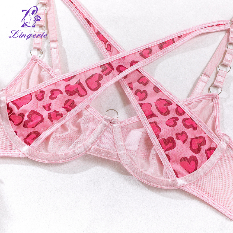 Pink leopard print metal chain erotic lingerie set supplier for women
