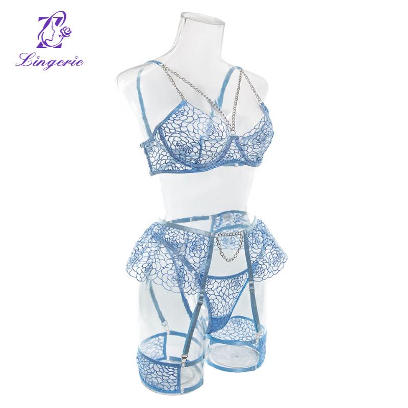 Embroidery small skirt metal chain decoration with leg circumference steel ring erotic lingerie four pieces set