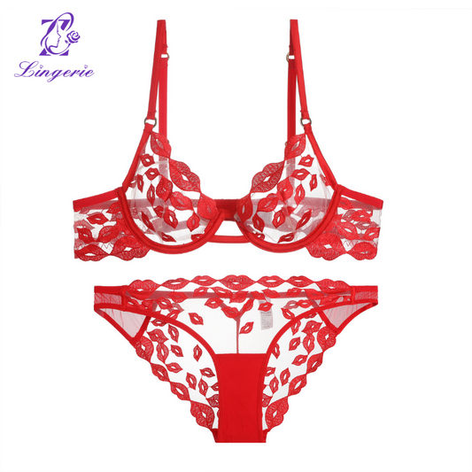 Sexy underwear ultra-thin red lips embroidered French underwear Valentine's Day gift large breasts show small big yards bra