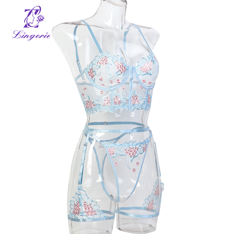 Women's Sexy Lingerie Erotic Embroidered Three Piece Set Wholesale Mousie Clothing