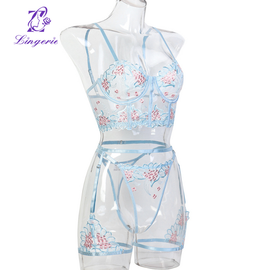 Women's Sexy Lingerie Erotic Embroidered Three Piece Set Wholesale Mousie Clothing