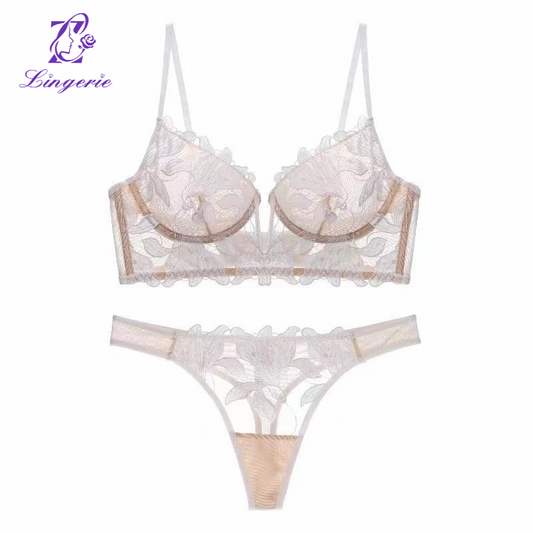 Sexy deep V embroidery lace underwear female ultra-thin large breasts show small anti-sagging bra suit bra