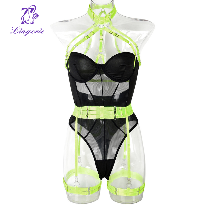 Mesh Strap Splicing Intricate Heavy Crafted Hanging Neck with Leg Loops Erotic Bodysuit