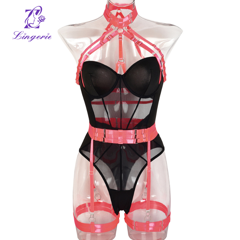 Mesh Strap Splicing Intricate Heavy Crafted Hanging Neck with Leg Loops Erotic Bodysuit