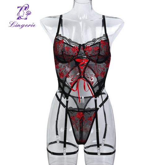 Flower embroidery cross straps in Europe and the United States women's sexy underwear erotic three-piece suit