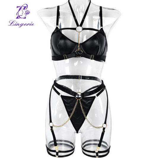 Lingerie Chain Hanging Neck Waistband Heavy Crafted Erotic Lingerie Three Piece Set