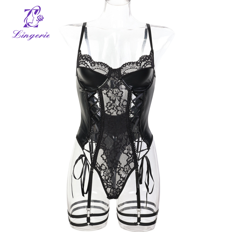 Black Lace Tie Bow Spell PU Leather Sexy Tight Bodysuit Women
