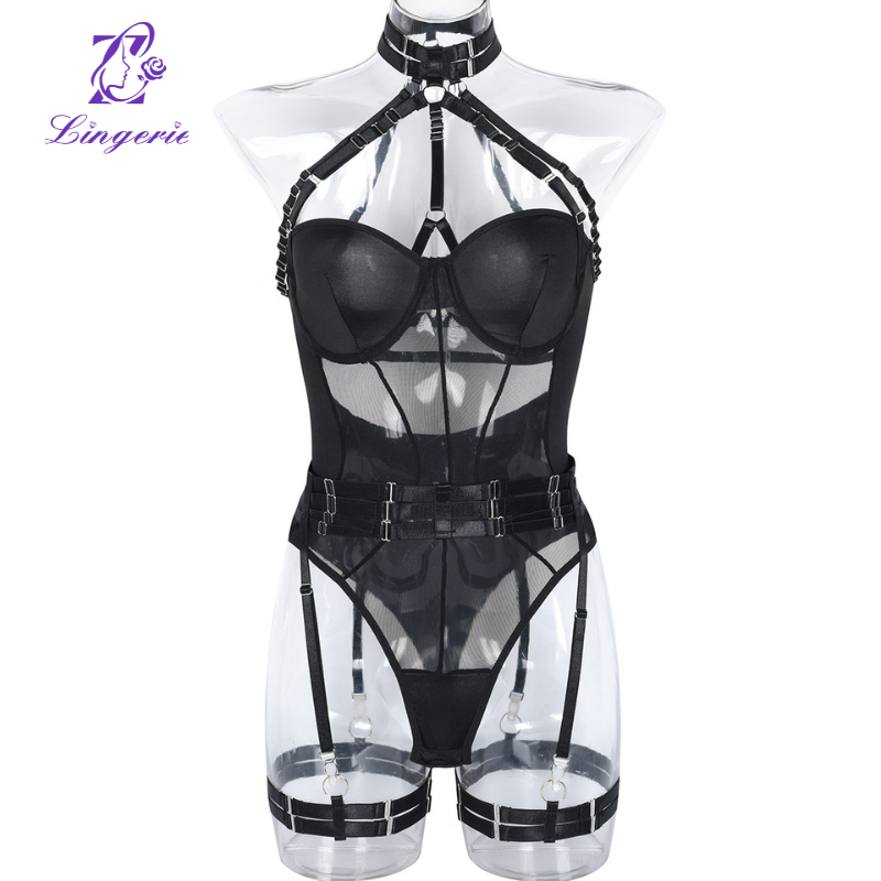Mesh Strap Splicing Intricate Heavy Crafted Hanging Neck with Leg Loops Erotic Bodysuit