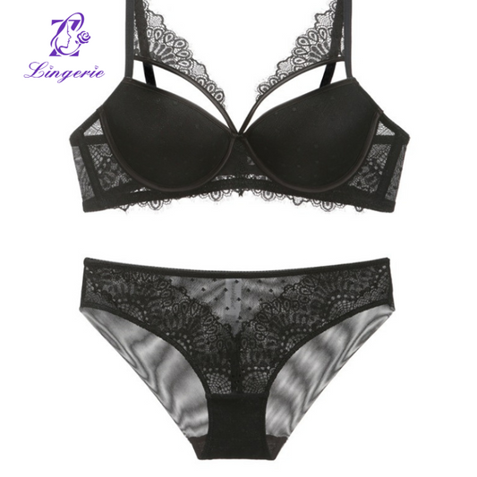 French deep V sexy lingerie women's upturned gather collect vice breasts bra on the thin bottom thick bra set