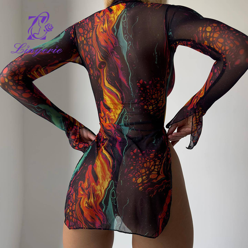 Erotic Sexy High Neck Long Sleeve Mesh Tie-Dye Dresses