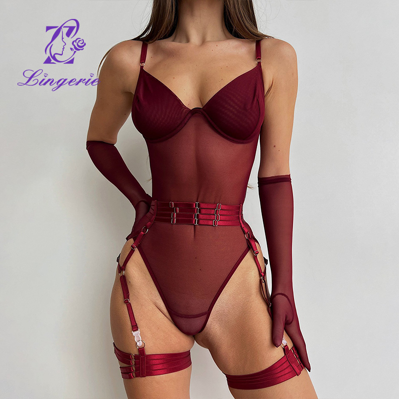Waistband Garter BuckleOpening Concealed Button Bodysuit with Gloves