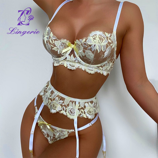 Lace Heavy Duty Embroidered Erotic Garters Erotic Lingerie 3 Piece Set