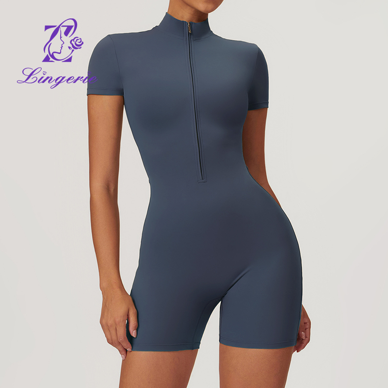 Zipper Short Sleeve Yoga Bodysuit Women's Dance Fitness Tight Exercise Bodysuit