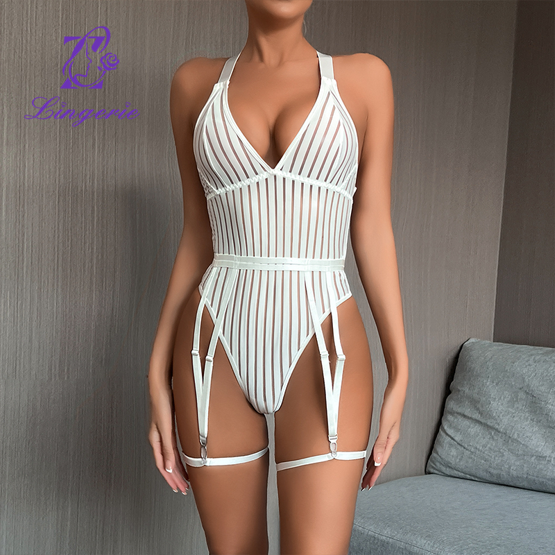 Striped backless see-through mesh patchwork body suit
