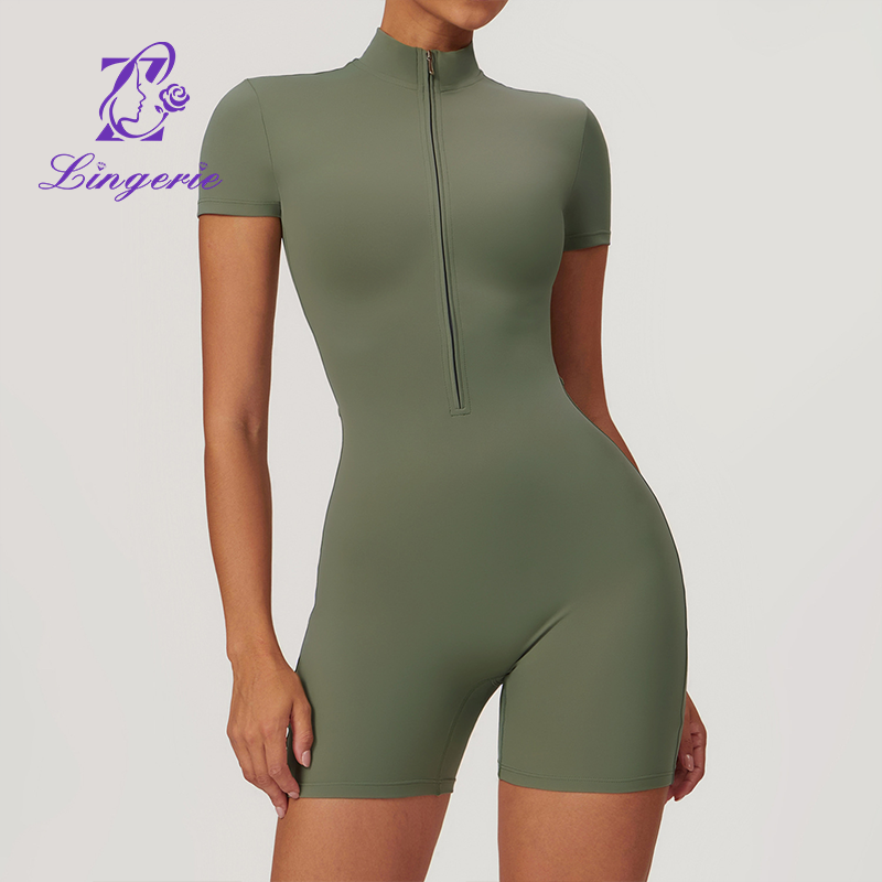 Zipper Short Sleeve Yoga Bodysuit Women's Dance Fitness Tight Exercise Bodysuit