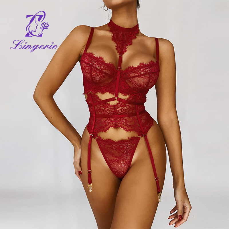 Erotic lace hanging neck strap splicing body shaping waistband halter sexy bra set