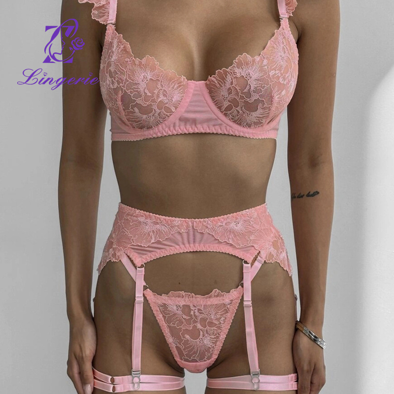 Sexy erotic lingerie embroidered see-through mesh dress 5-piece bra set set
