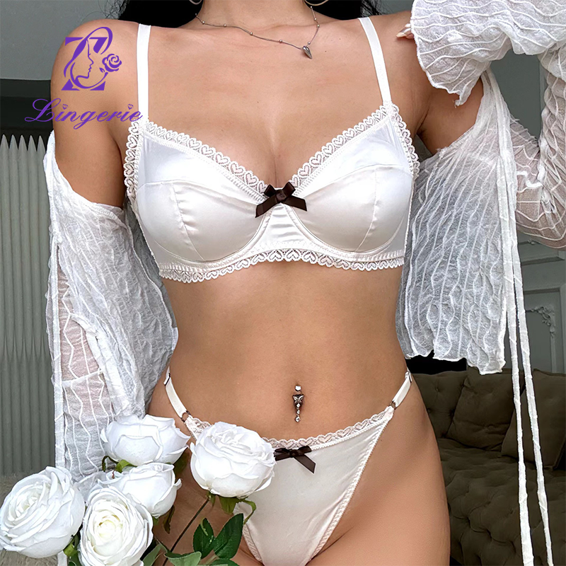 French underwear thin section large breasts show small anti-sagging bra sexy satin lace underwear summer