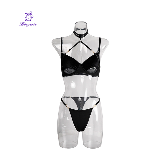 Sexy black stitching Bra set