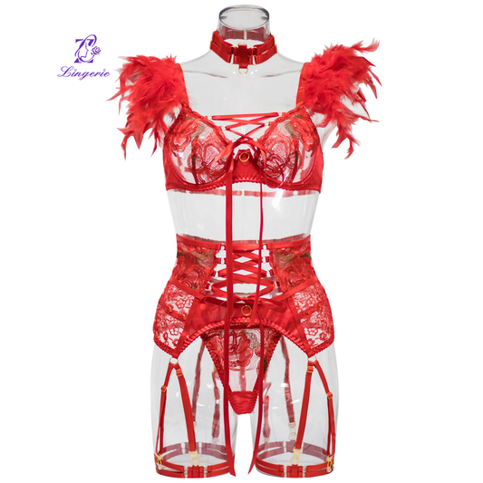 Red Embroidered Feathers Garter Lingerie