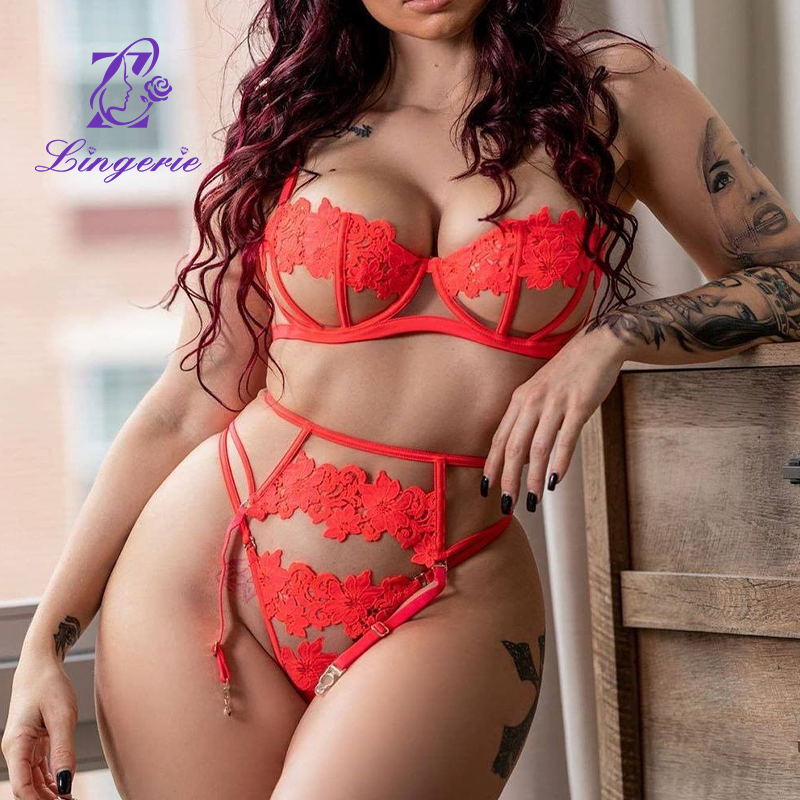 Sexy lace heavy water-soluble lace hollow out see-through lingerie set