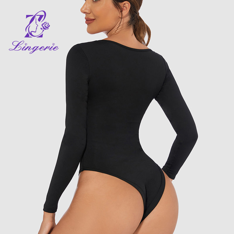 Women’s Crew Neck Short Sleeve Long  collar Sleeve Square Bodysuit Jumpsuit