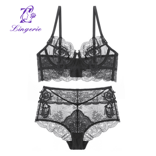 Sexy lace French lingerie set spongeless hollowed-out ultra-thin bra Small push-up bra set