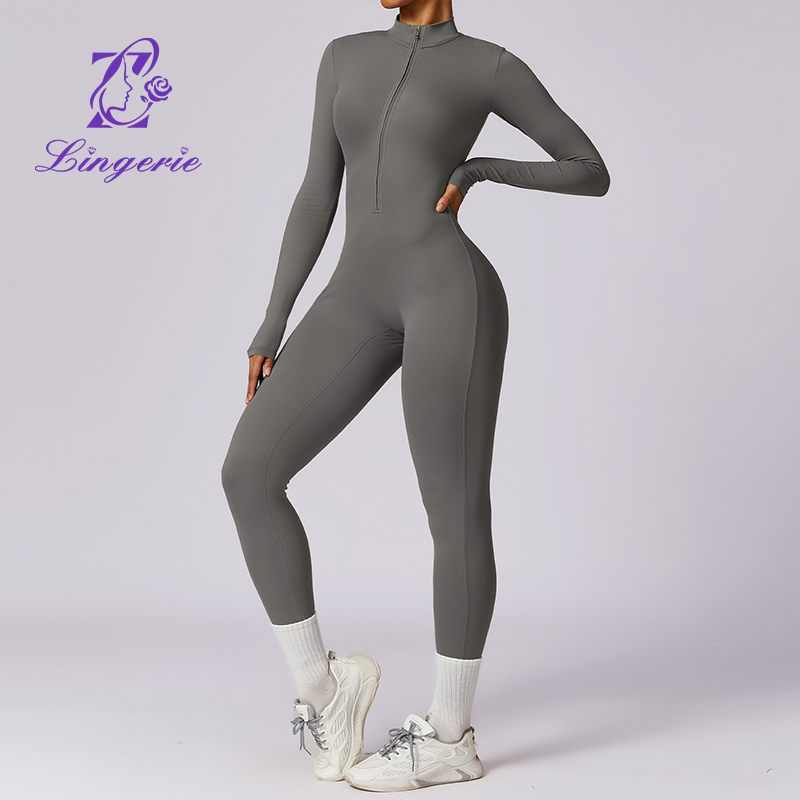 Zipper Nude Long Sleeve Yoga Bodysuit High Intensity Fitness Workout One Piece Leotard