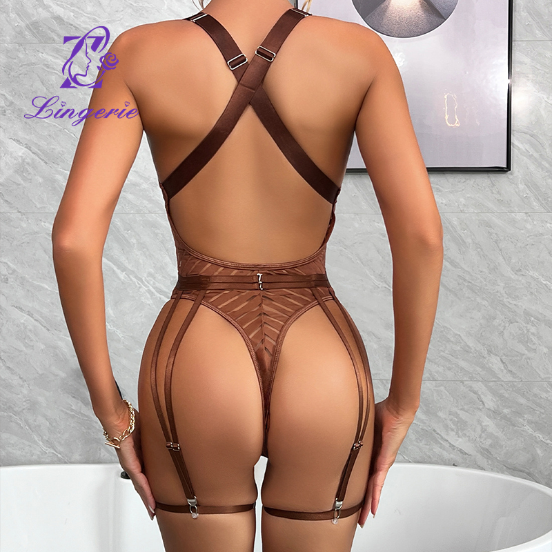 Striped backless see-through mesh patchwork body suit